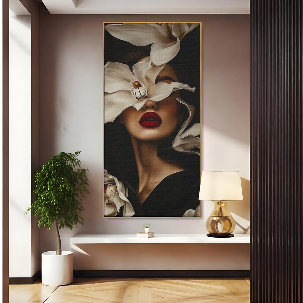 Tablou canvas cu tablou canvas cu femeie si orhidee, in rama de aluminiu auriu